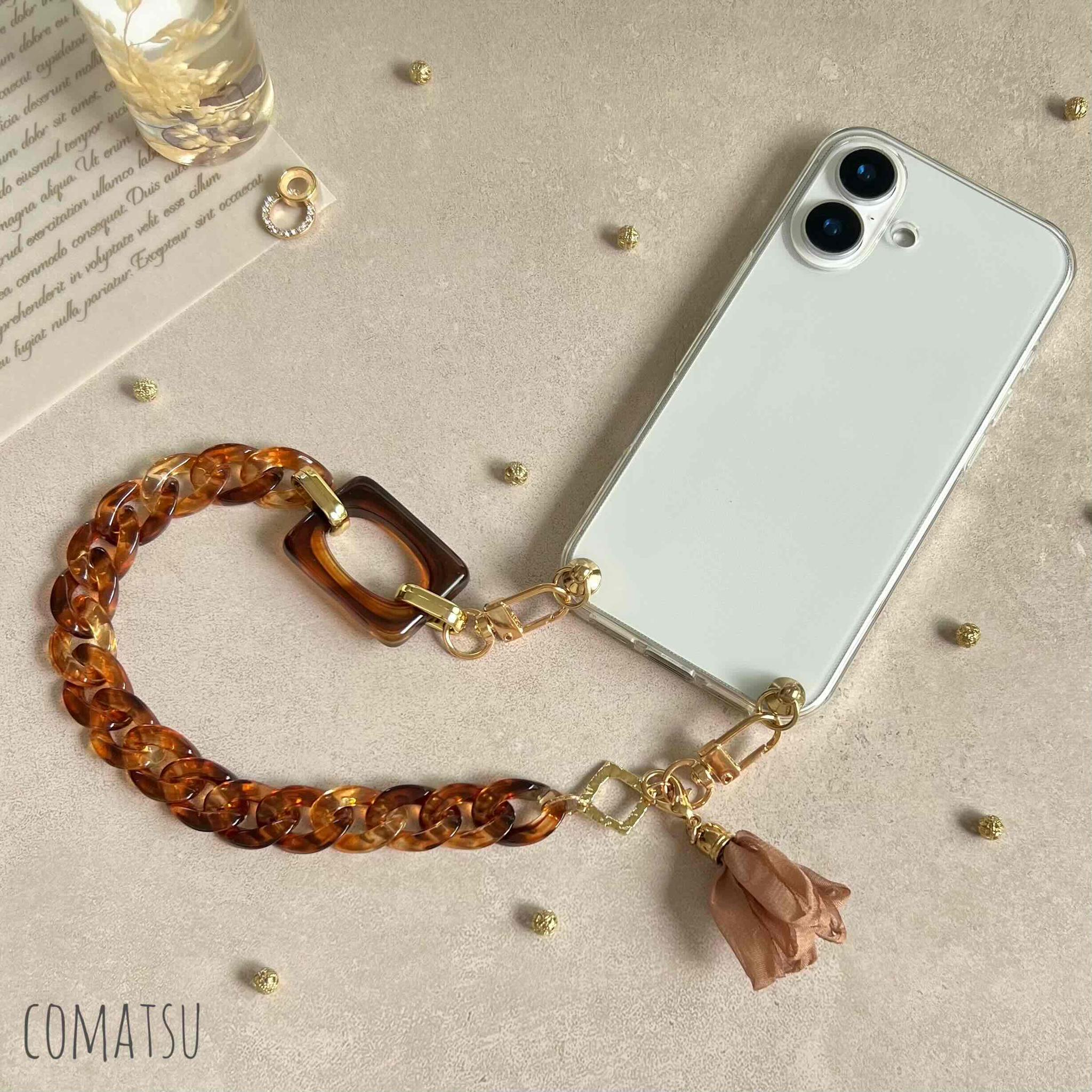 べっ甲Brown ハンドストラップ付きスマホケース 落下防止スマホストラップ付きスマホカバー